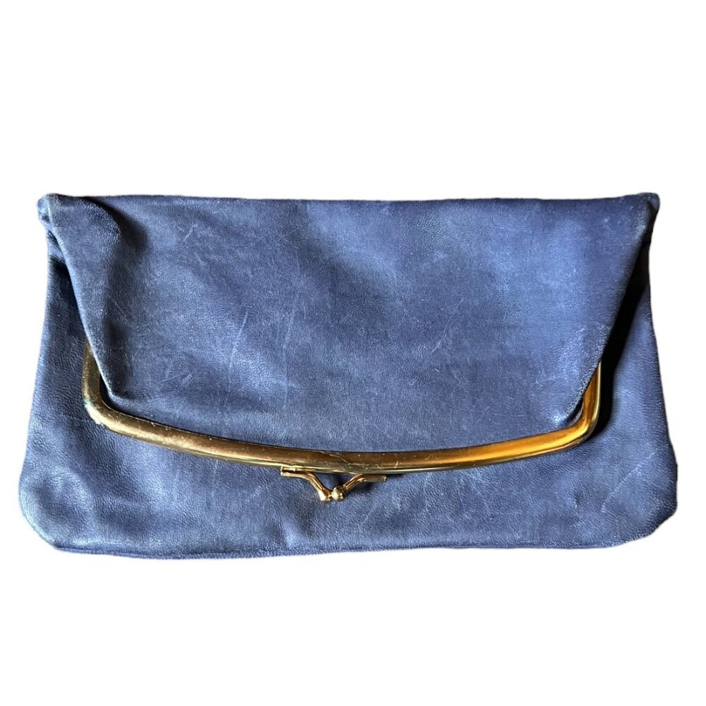 Vtg 1950s Budd Leather Blue Foldover Clutch w/Kiss Clasp & Attached Change Purse
